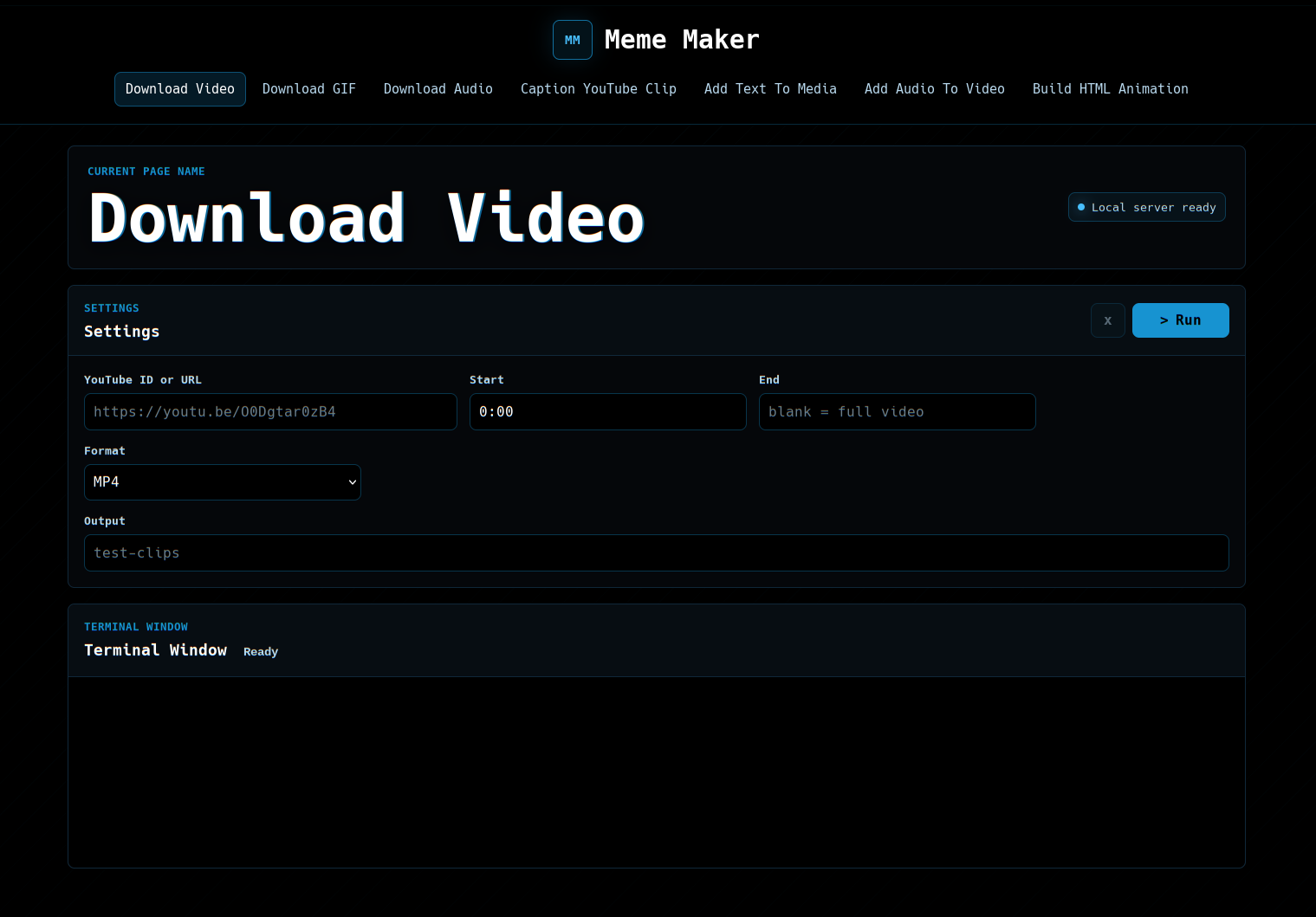 Meme Maker local web interface showing the Download Video workflow, settings panel, and terminal window