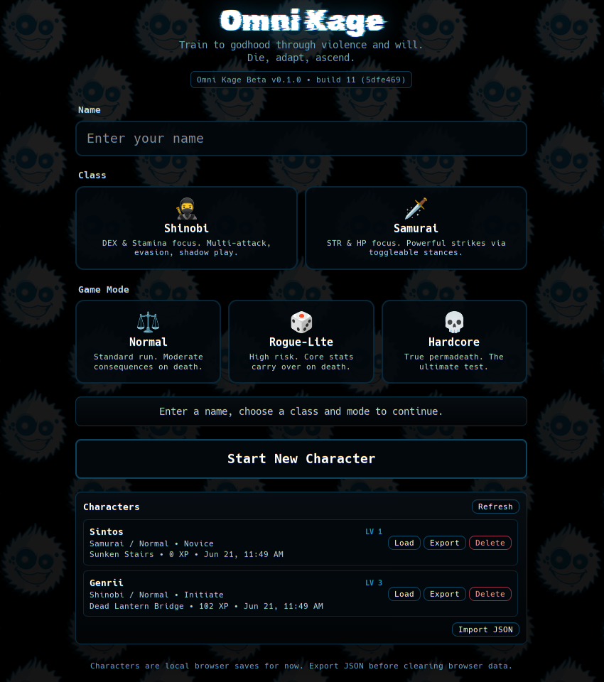 Omni Kage browser game setup screen