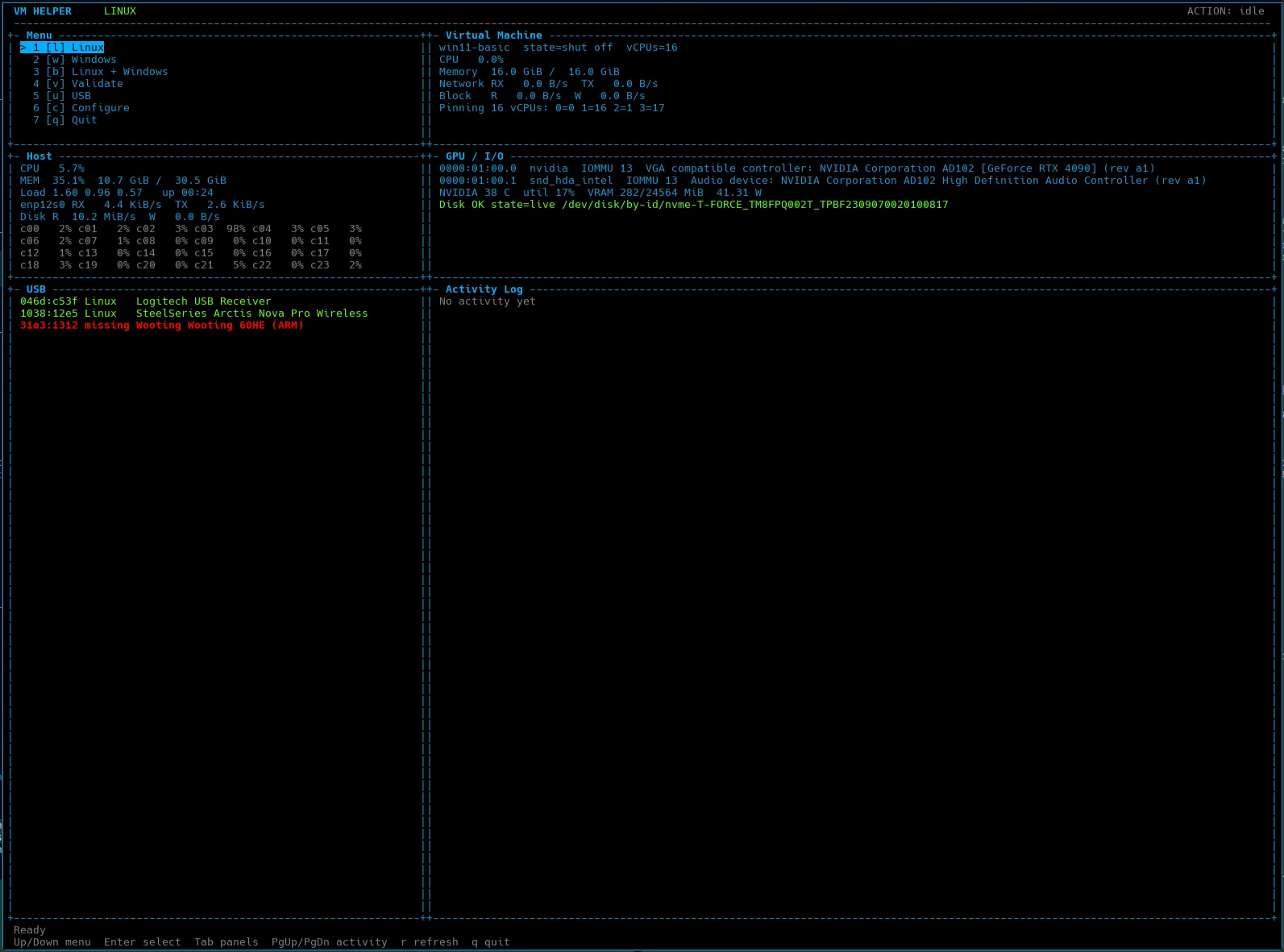 VM Helper terminal dashboard with host, virtual machine, GPU, USB, and activity panels