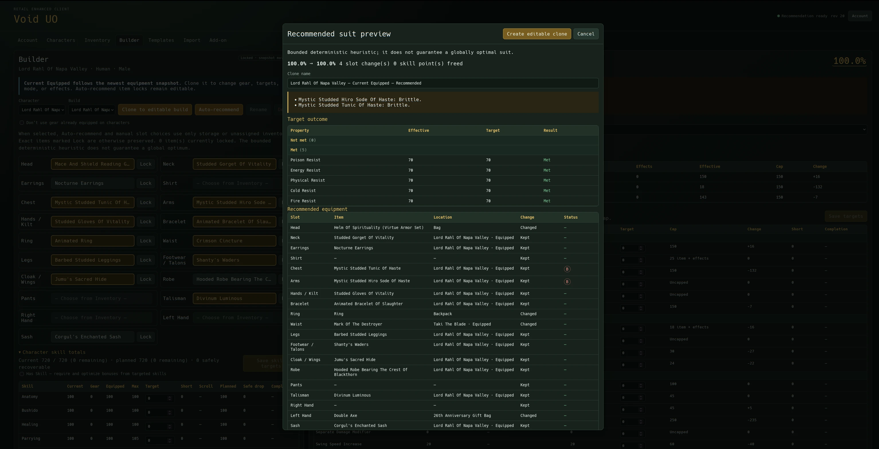 VOiD UO suit builder showing recommended equipment and property targets