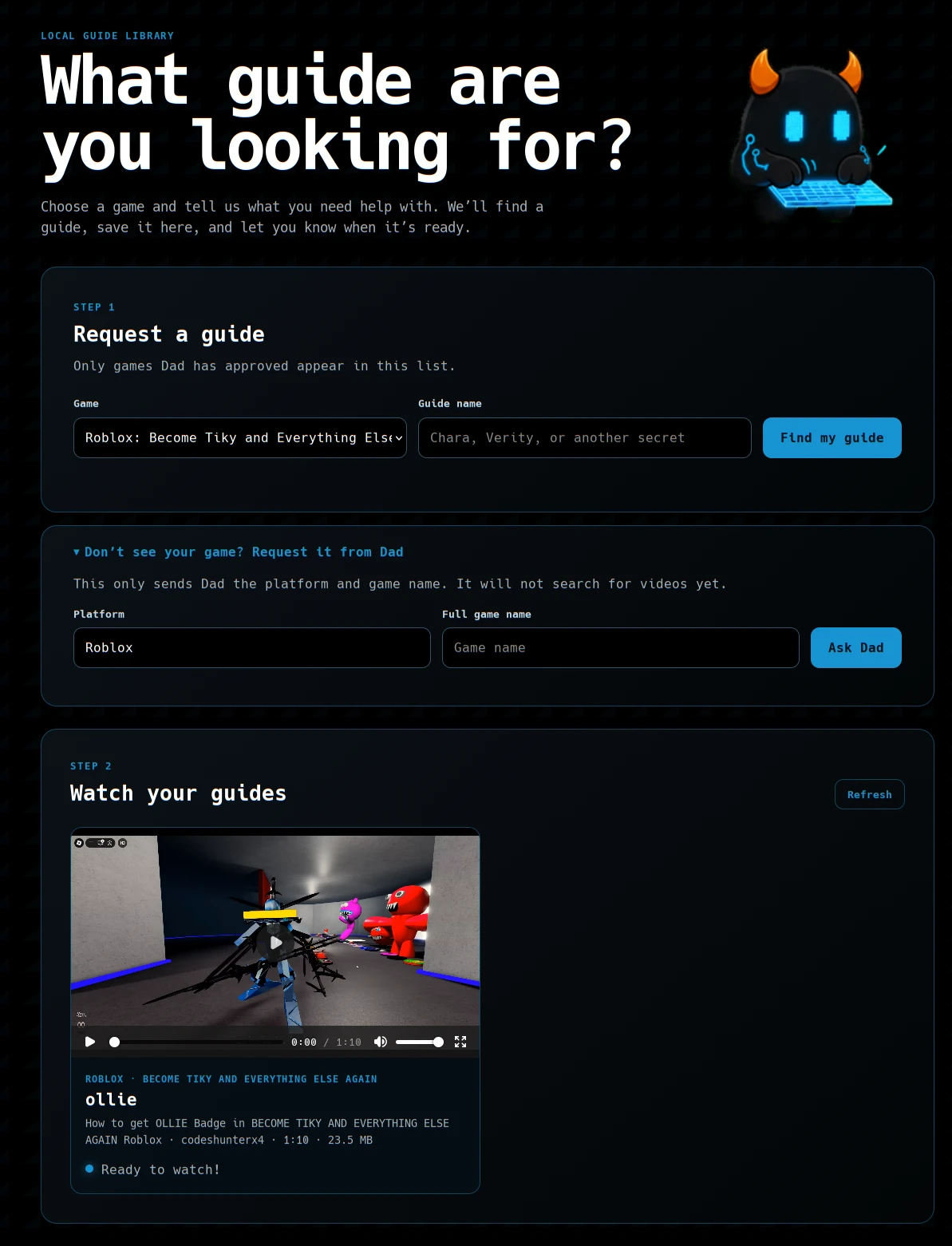 VOiDLiNG GUIDES showing the mascot, guide request form, and local video library